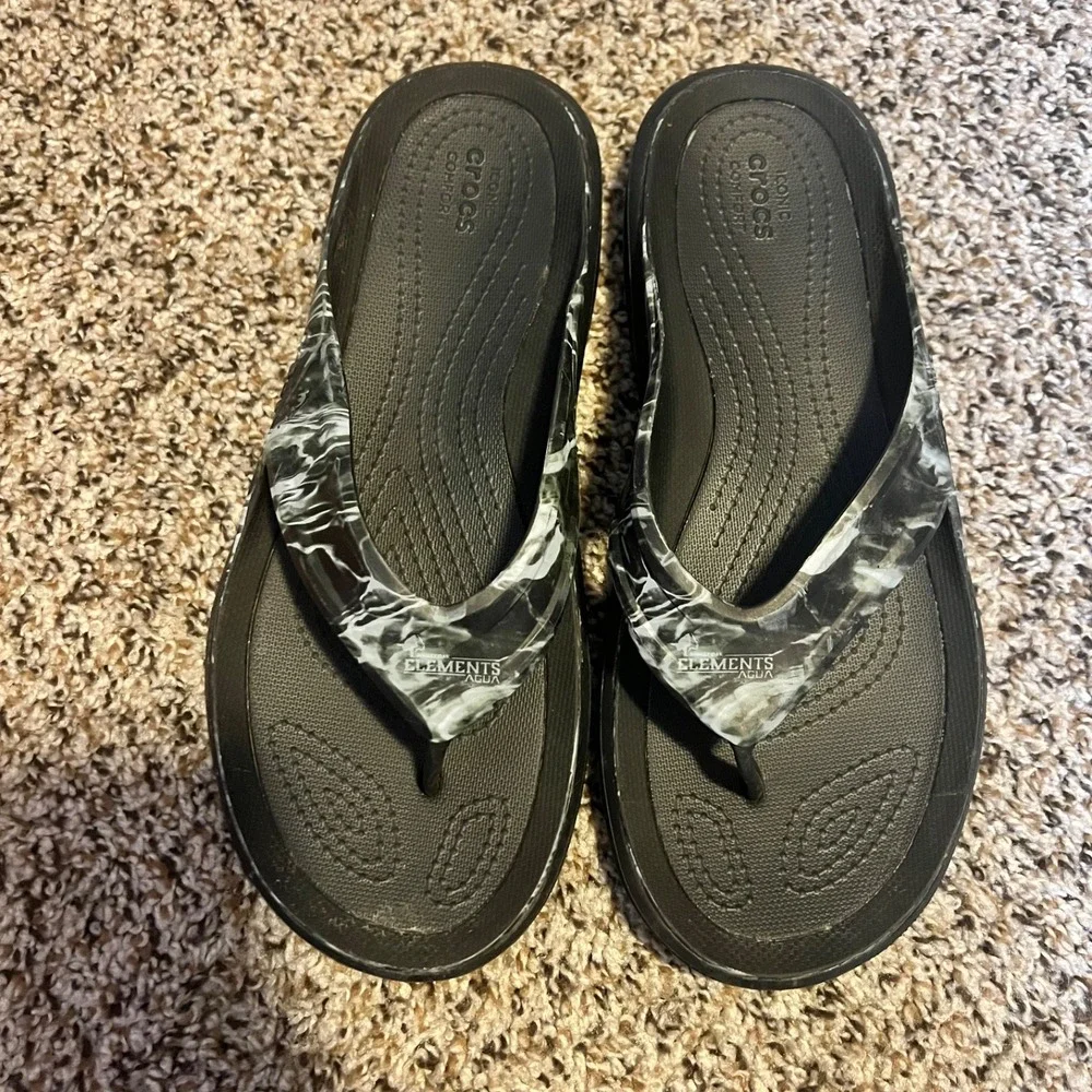 Crocs‎ Elements Agua Flip Flops Sandals Comfort Slides Black Marble Mens 9